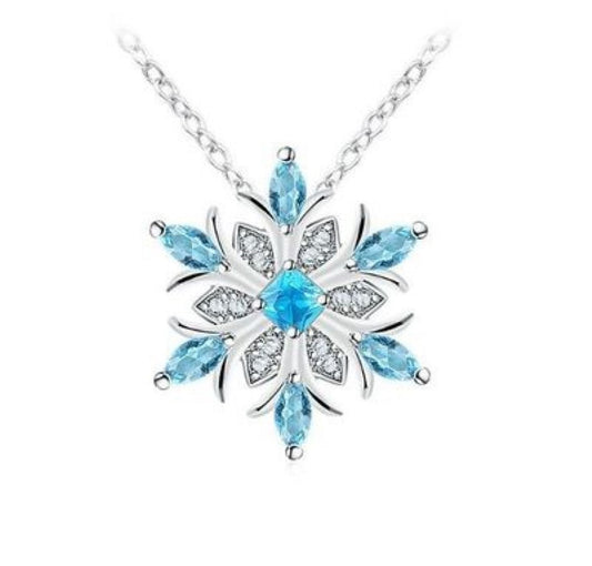 Light Blue Crystal Snowflake Silver Tone Pendant Necklace