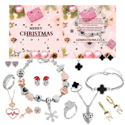 Christmas Jewellery Advent Calendar Countdown 24pc – Elegant Bracelet, Pendant, Earrings and Rings for Women Gifts