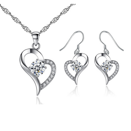 Heart Shaped Pendant Necklace & Earrings Jewellery Set with AAAAA Cubic Zirconia Crystal