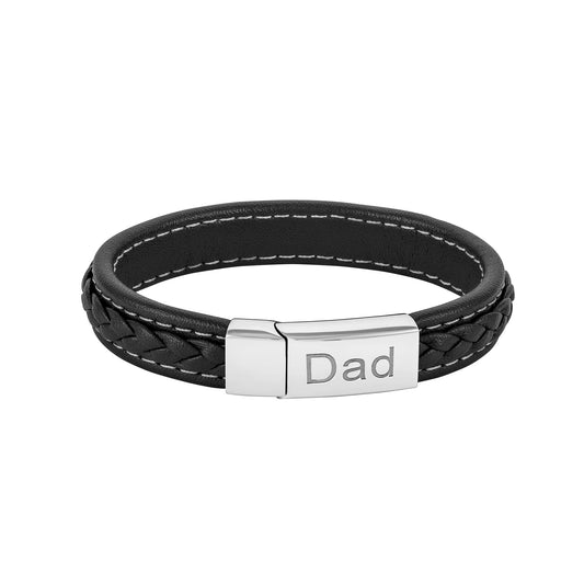 Men’s Genuine Black Leather Bracelet With Dad And Love Forever Engraving