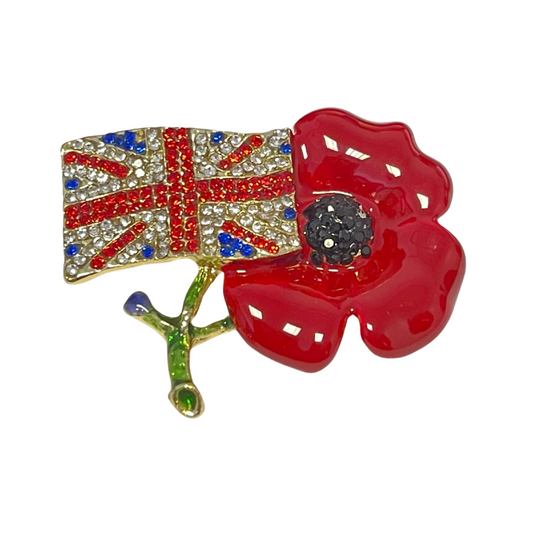Luxury Women Poppy Brooch with Red Flower Diamantes UK Flag Pins Remembrance