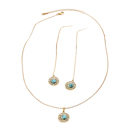Natural Turquoise Stone Gold Tone Round Necklace and Earrings Set