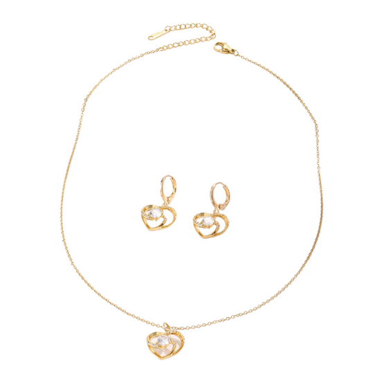 Gold Tone Crystal Heart Windmill Earrings and Necklace Set