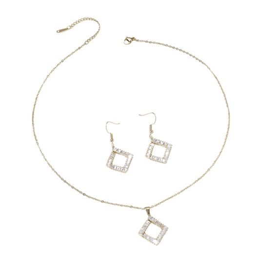 Gold Tone Crystal Square Shape Necklace and Earrings Set