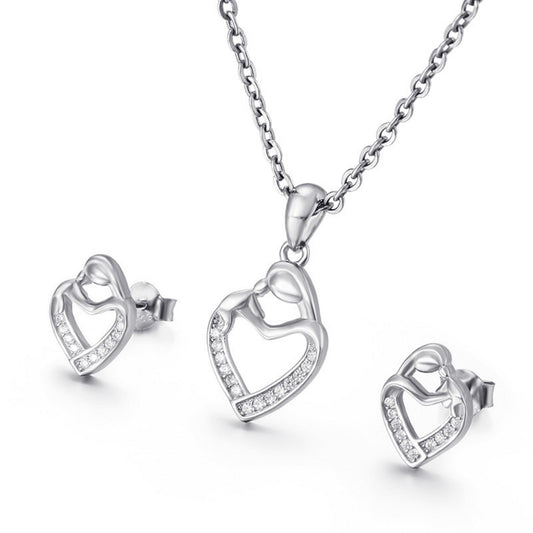Women Love Heart Crystal Pendant Necklace and Stud Earrings Set