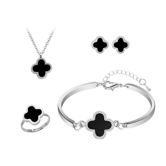 Elegant Black Four Leaf Clover Necklace, Earring, Bracelet and Ring Silver Tone Jewellery Set