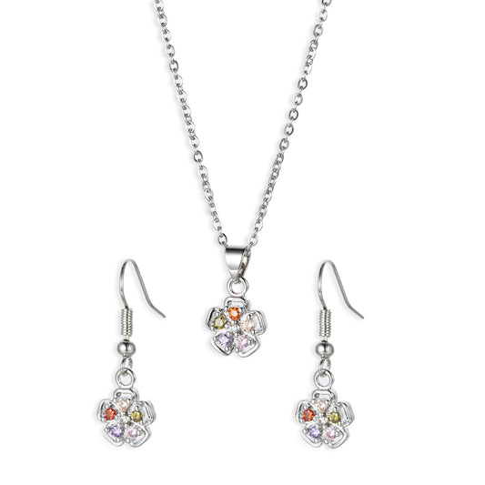 Silver Tone Multi-colour Daisy Crystal Pendant Necklace And Earrings Set