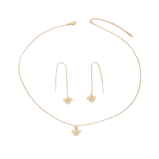 Beautiful Gold Tone Three Stars With Crystals Pendant Necklace and Earrings Set