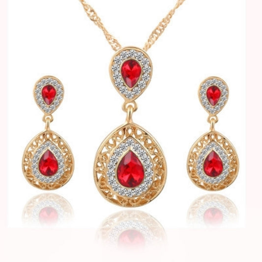 Gold Tone Women Red Water Drop Crystal Pendant Necklace and Earrings Set