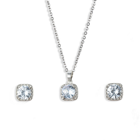 Silver Tone Square Crystal Pendant Necklace and Stud Earrings Set