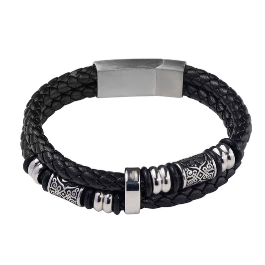 Stylish Triquetra Men’s Black Leather Beads Bracelet In Silver Tone