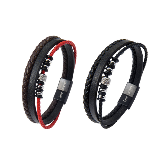 Fashionable 3-Layer Men’s Braised Black Leather Stainless Steel Bracelet