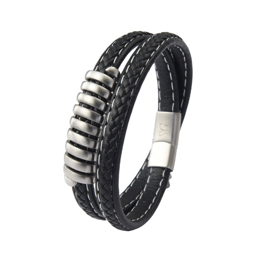Men’s Twisted 2-Layer Stainless Steel Black Leather Braided Bracelet