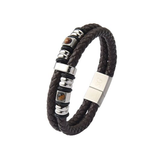 Men’s Hidden Hundred Languages Projection 2-Layer Stainless Steel Beaded Brown Leather Braided Bracelet
