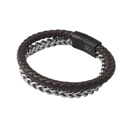 Men’s 2-Layer Stainless Steel Chain Brown Leather Braided Bracelet