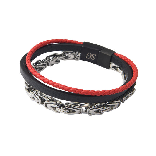 Men’s 4-Layer Stainless Steel Chain Red and Black Braided Leather Bracelet