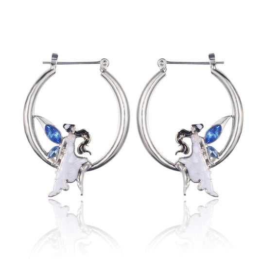 Silver Tone Dancing Lady Fairy Hoop Earring with blue Crystals