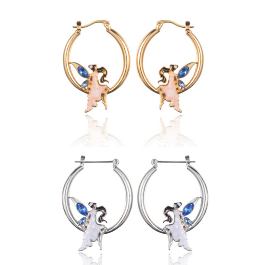 Dancing Lady Fairy Hoop Earring with blue Crystals Silver,Gold