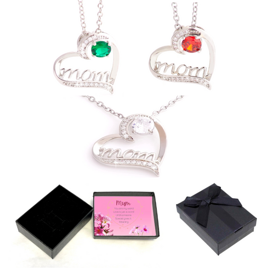 Mum Heart-shaped Zircon Crystals Pendant Necklace Message Card Box- Clear, Red, Green