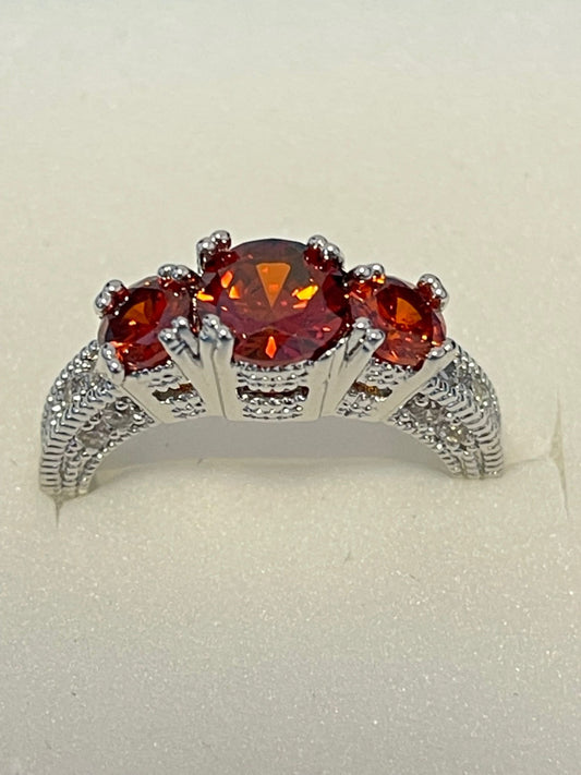 Vintage Three Stone Red Ruby Zircon Crystals Silver Ring - 4 Sizes