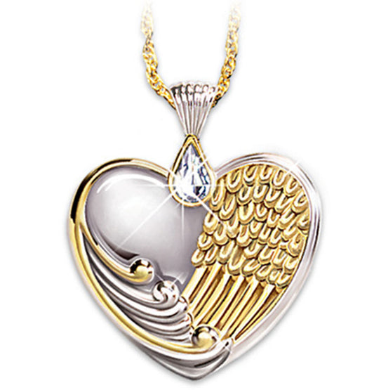 Heart-Shaped Two Tone Angel Wing Pendant Necklace