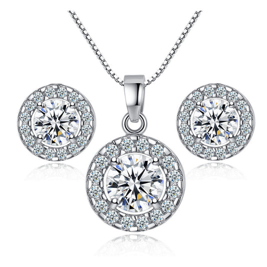 Crystal Cubic Zirconia Halo Pendant Necklace and Stud Earrings Jewellery Set
