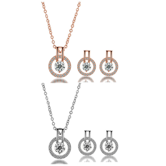 Women Fashion Halo Crystal Round Pendant Necklace and Earrings Jewellery Set