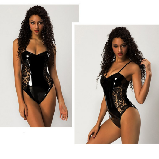 Sexy Wet Look Bodysuit  with Lace Sides