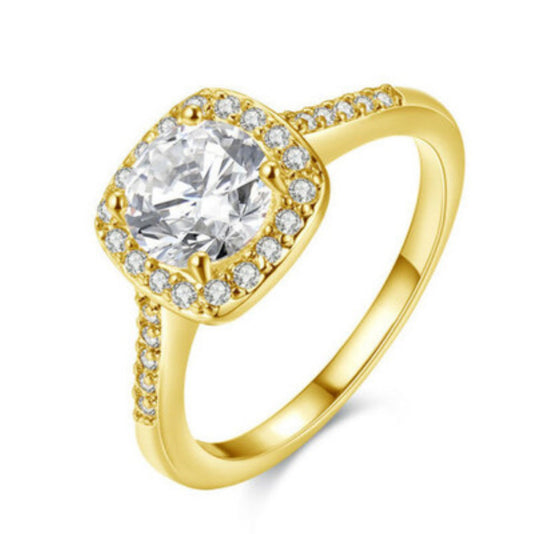 Stunning Gold Tone Halo Cushion Crystal Ring – 3 sizes